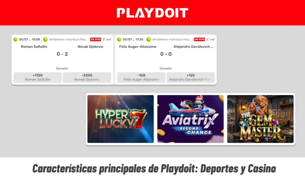 Características principales de Playdoit con deportes en vivo y juegos de casino