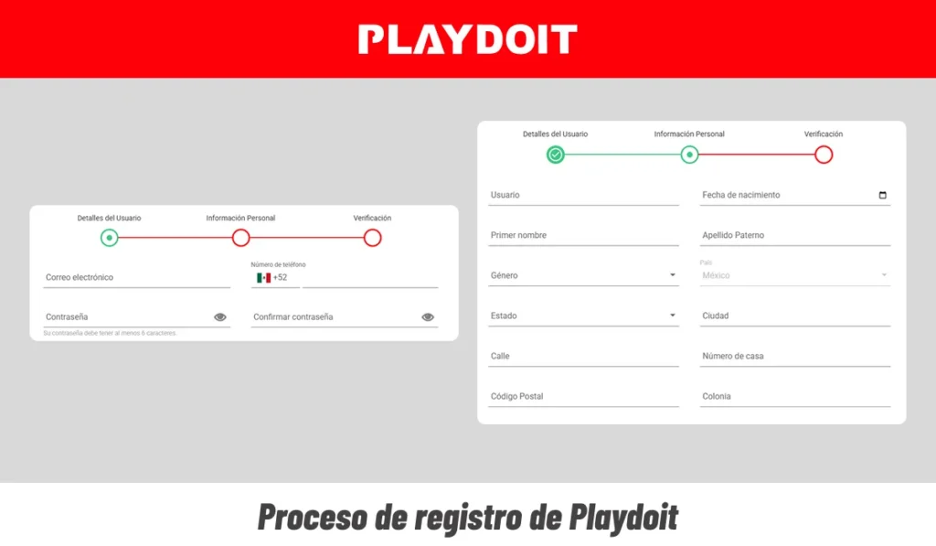 Proceso de registro de Playdoit con formulario de cuenta y datos de contacto