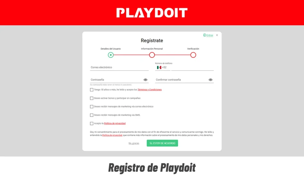 Formulario de registro de Playdoit para crear una cuenta con datos personales